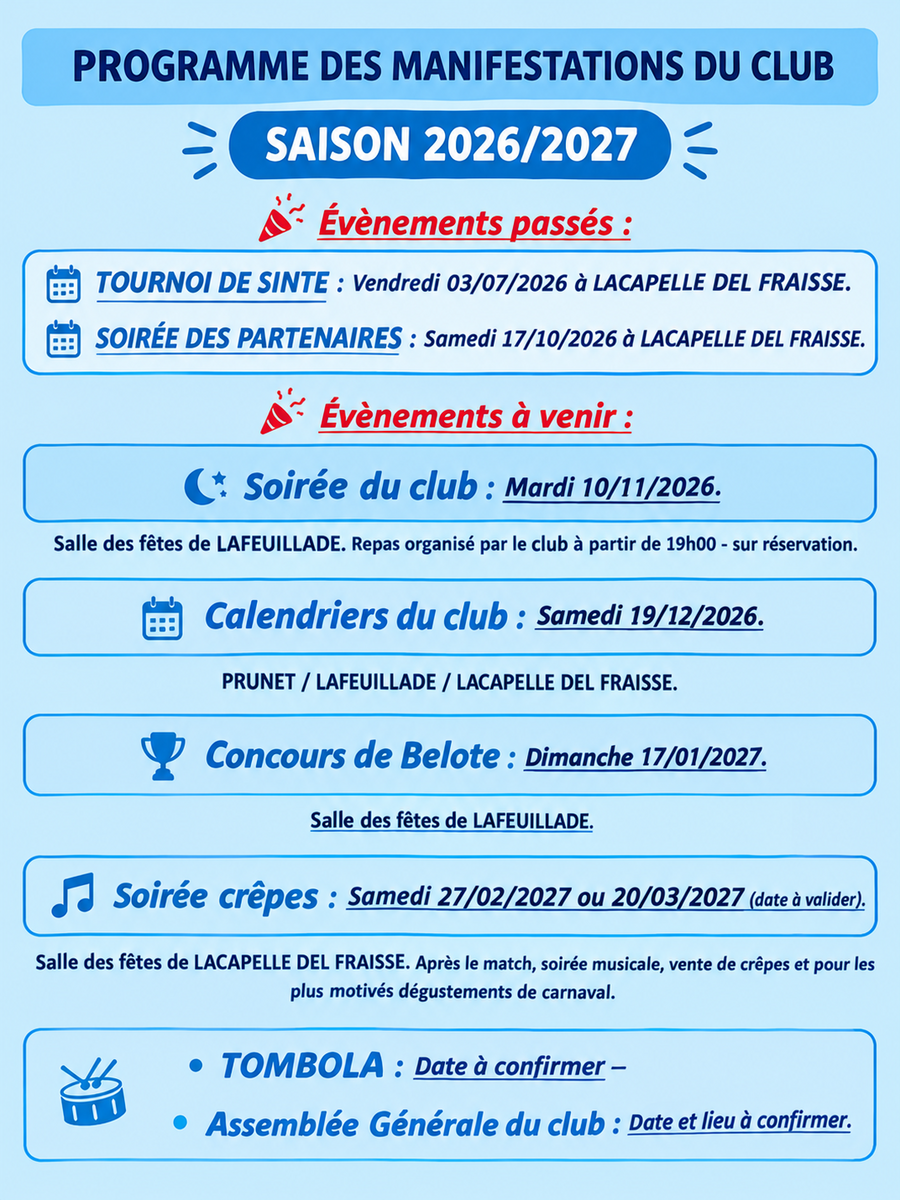 ANIMATIONS / MANIFESTATIONS DU CLUB SAISON 2026/2027